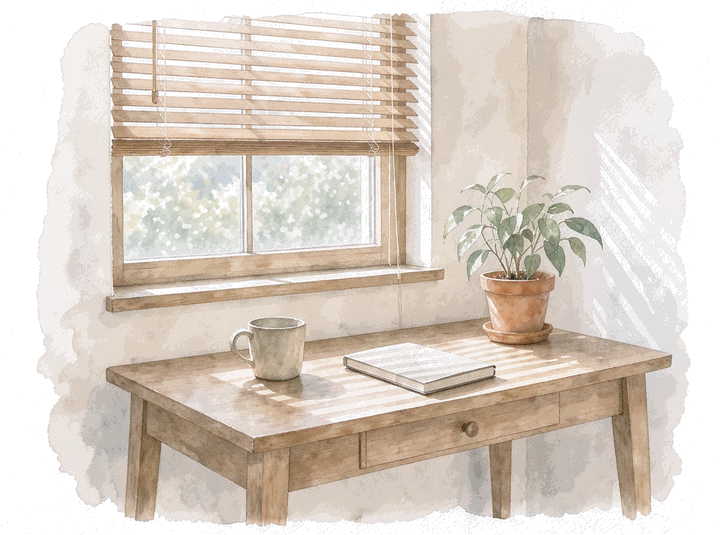 Watercolour of wooden venetian blinds over a window, striped light falling across a desk with a mug and a plant