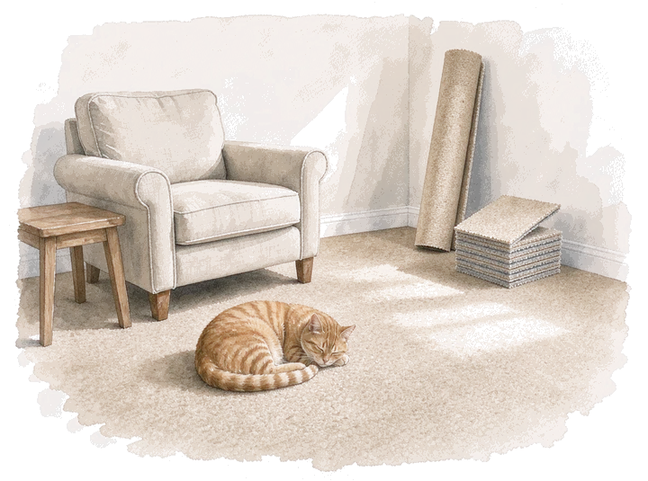 Watercolour of a sunlit room carpeted wall to wall, with a roll of carpet and a stack of carpet tiles in the corner and a ginger cat asleep on the carpet