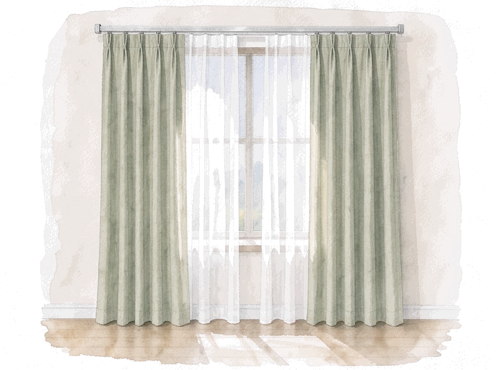 Watercolour of sage linen pinch-pleat curtains on an aluminium track, drawn back from a sunny window with a white sheer between them