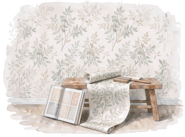 Watercolour of a botanical feature wall, with a roll of the same wallpaper on a stool and an open pattern book